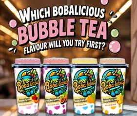 Bobalicious bubble tea cups lined up with fruity flavours and a fun “Which flavour will you try first?”